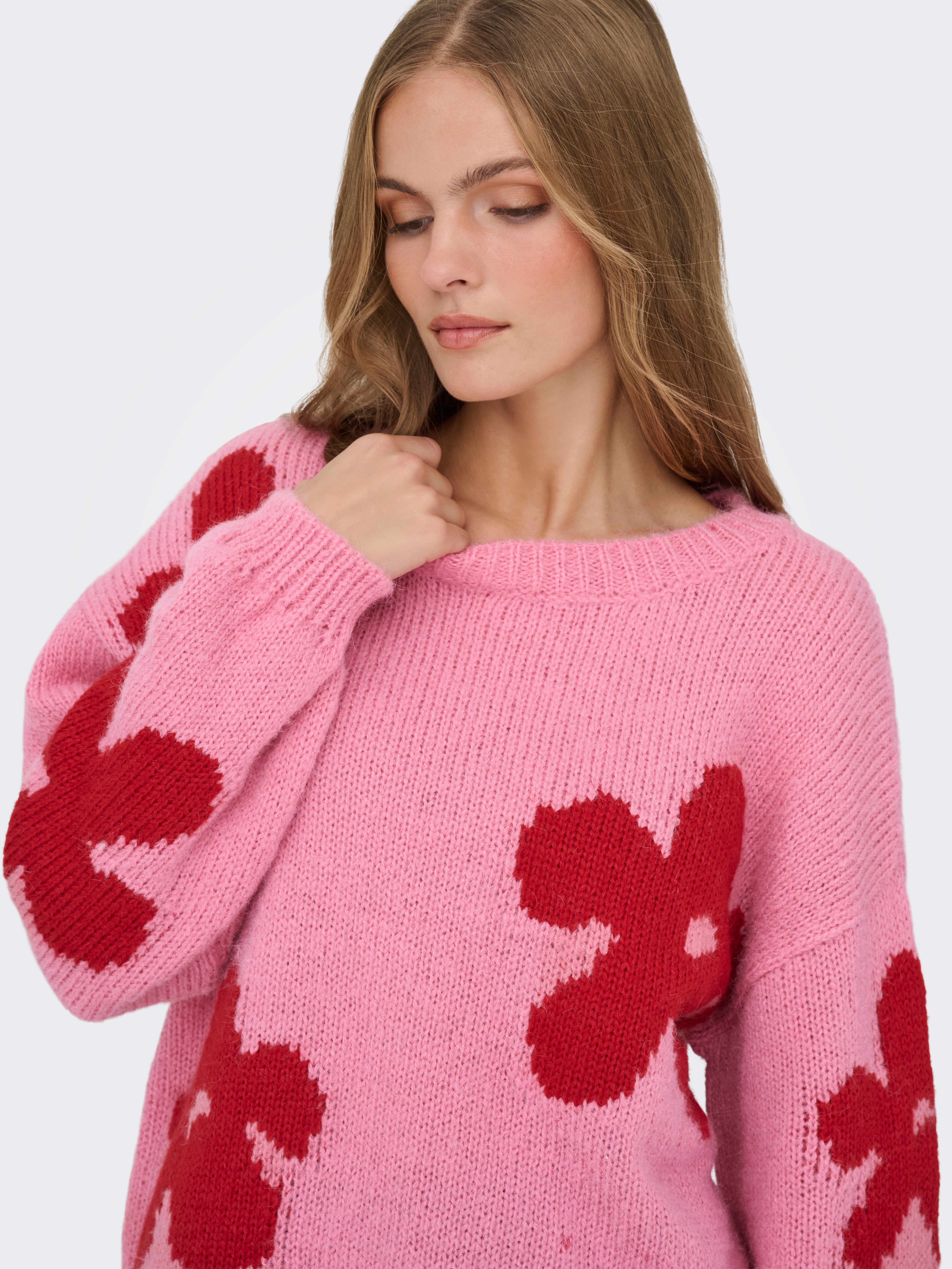 ONLY Strickpullover ONLBOOTLE LIFE LS FLOWER O-NECK KNT Kunstfaser, loose fit
