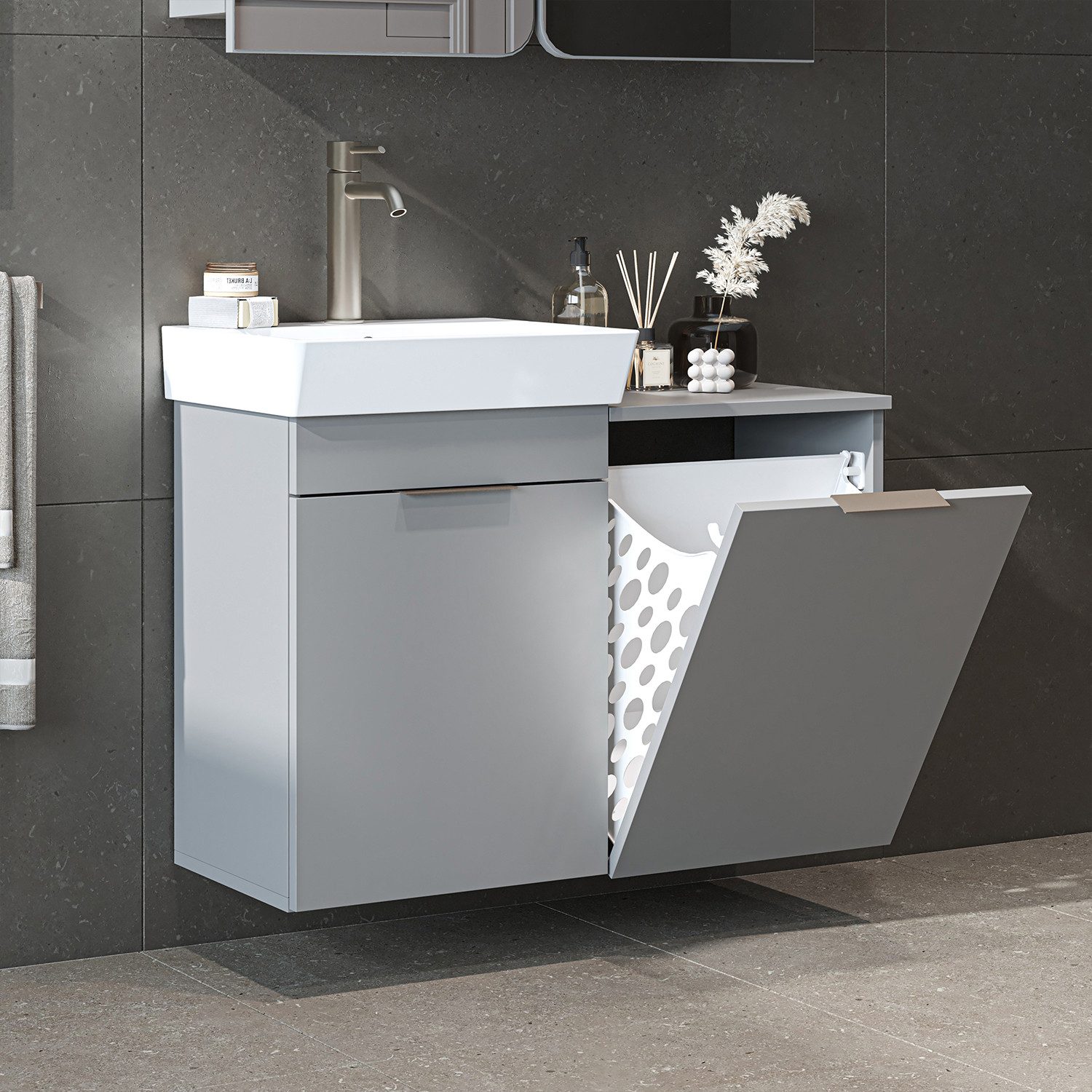 Roomart Waschbeckenunterschrank Waschbeckenunterschrank LYCIA mit Waschbecken Wäschefach hängend Mit Keramikbecken und verstecktem Wäschefach