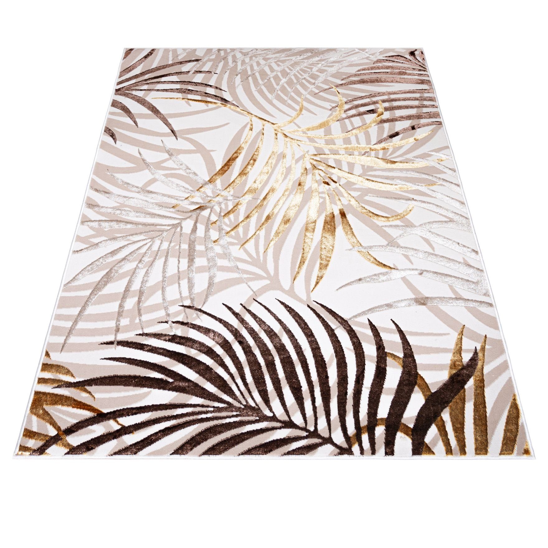 Mazovia Designteppich Modern Teppich für Wohnzimmer- Beige Creme mit Gold, 80 x 150 cm, Glänzende,Palmenzweige Feder,Modern,Höhe 10 mm,Weich,Pflegeleicht