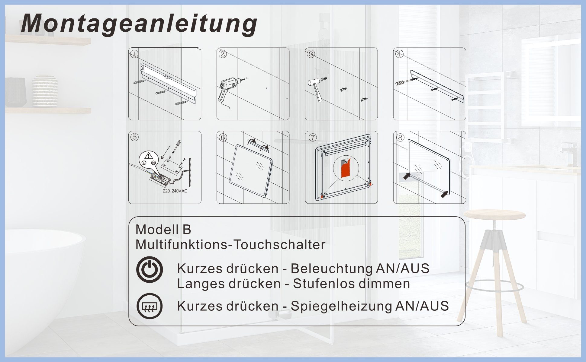 AQUABATOS Badspiegel Touch Schalter, 6400K, Beleuchtung LED mit Badspiegel Dimmbar, beleuchtet), (Badezimmerspiegel Spiegelheizung Kaltweiß Lichtspiegel Wandspiegel