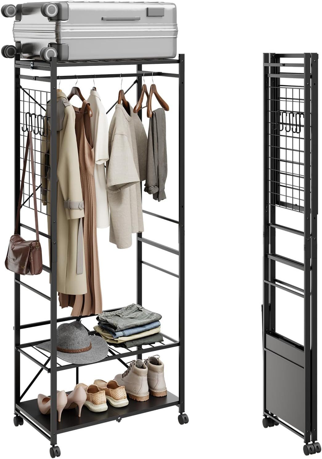 SoBuy Garderobenständer KLS22, Kleiderstange schwarz auf Rollen, mit Gitterwand und 2 Ablagen, (1er Set), Freistehend mit 5 Haken, stabil aus Stahl, für Flur oder Schlafzimmer