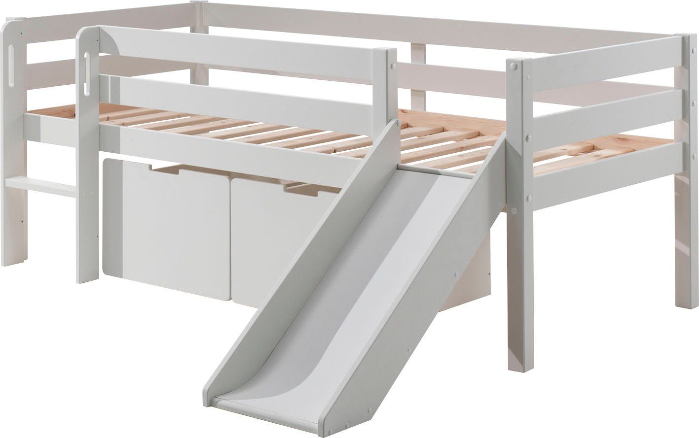 Vipack Spielbett Pino, Kiefer massiv, mit Rolllattenrost, 2 Rollboxen, Made in Europe (B/H/T ca. 207,6x83x175cm, inkl. Leiter, Absturzschutz und Rutsche), wahlweise mit oder ohne Hängeregal, 2 Farben zur Auswahl