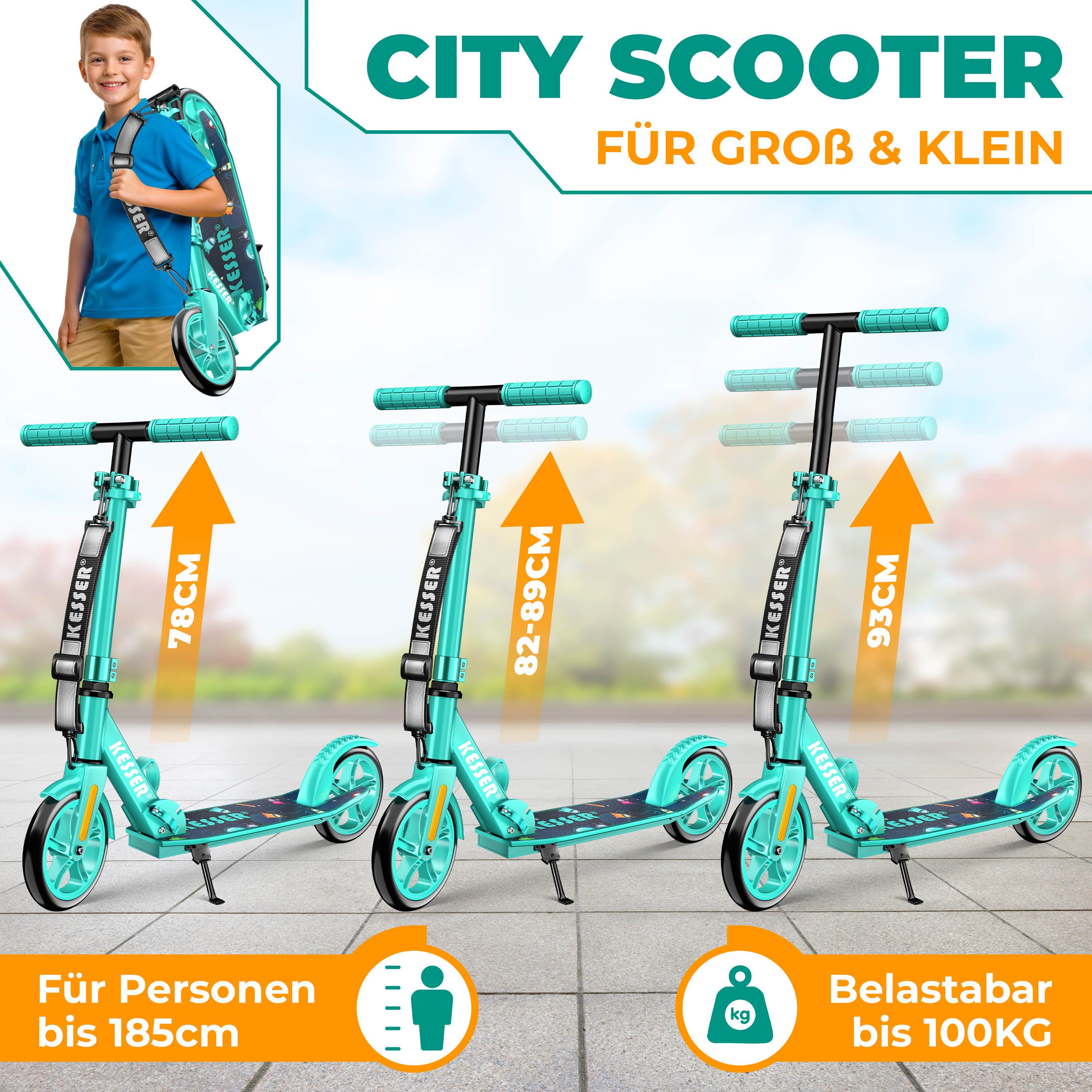 KESSER Scooter mit Hinterradbremse & rutschfeste Trittfläche, bis 100kg & 185cm Körpergröße, klappbar höhenverstellbar – Bild 4 von 5