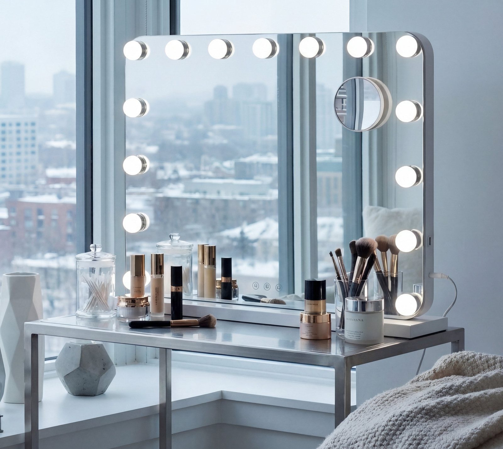 TLGREEN Schminkspiegel mit beleuchtung,50x40/58x46/80x60 Spiegel, (Packung, 15 LED-Leuchten), 3 Lichtfarben, USB-Ladeanschluss, 10-fache Lupe, wandmontierbar