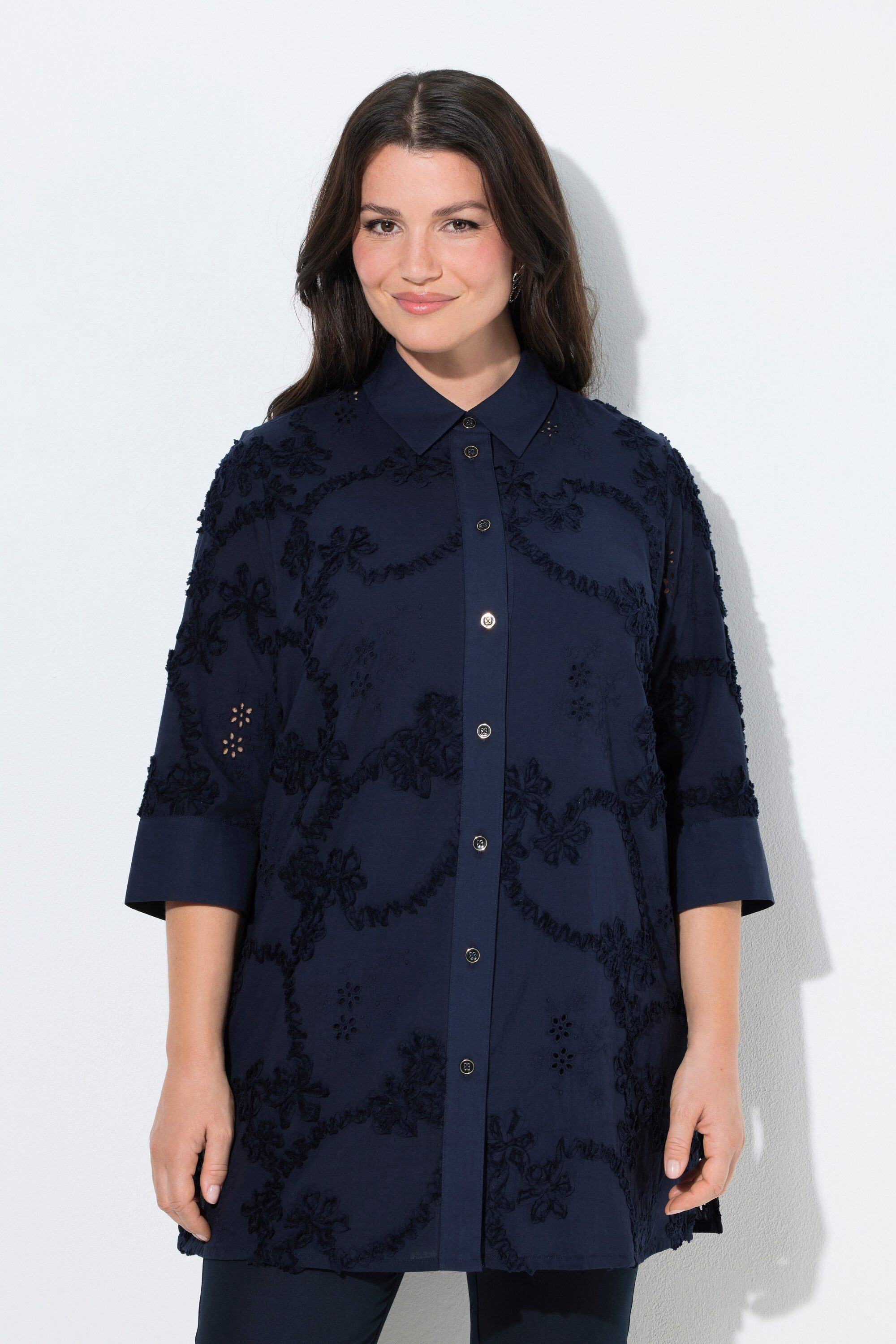 Longbluse Longbluse Stickerei Hemdkragen 3/4-Arm