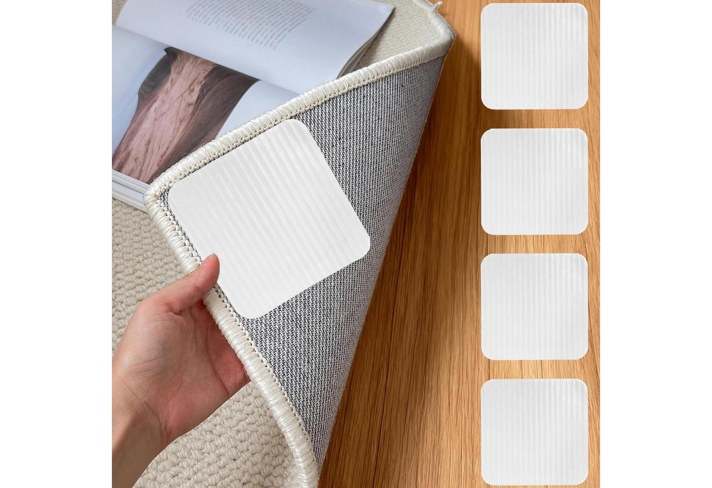 FOUORTUNATE-BEE Teppichunterlage Teppich Anti-Rutsch Pads 10×10 cm – Fixierung ohne Rückstände, (4-St), Quadratische Teppichhalter für Fliesen, waschbar & haftend
