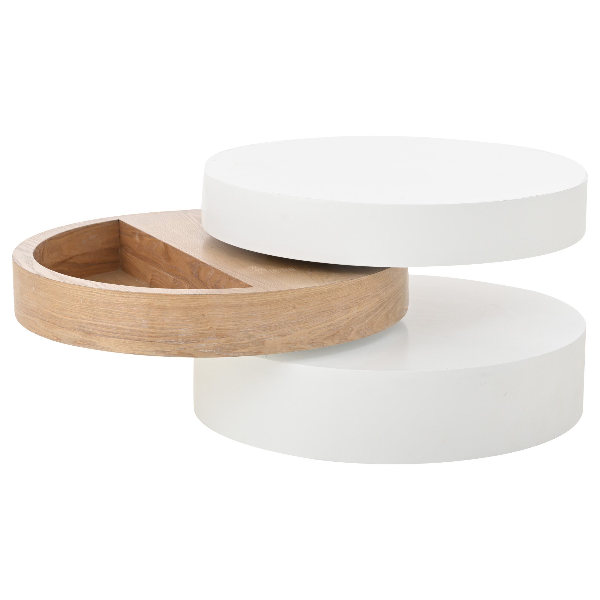 KLAM HOME Couchtisch Drehbarer Couchtisch mit 3 Ablageflächen (360° drehbare Tischplatte & praktischer Stauraum), 60x60x35 cm, 30 kg Tragkraft, Modernes Weidenholz-Design