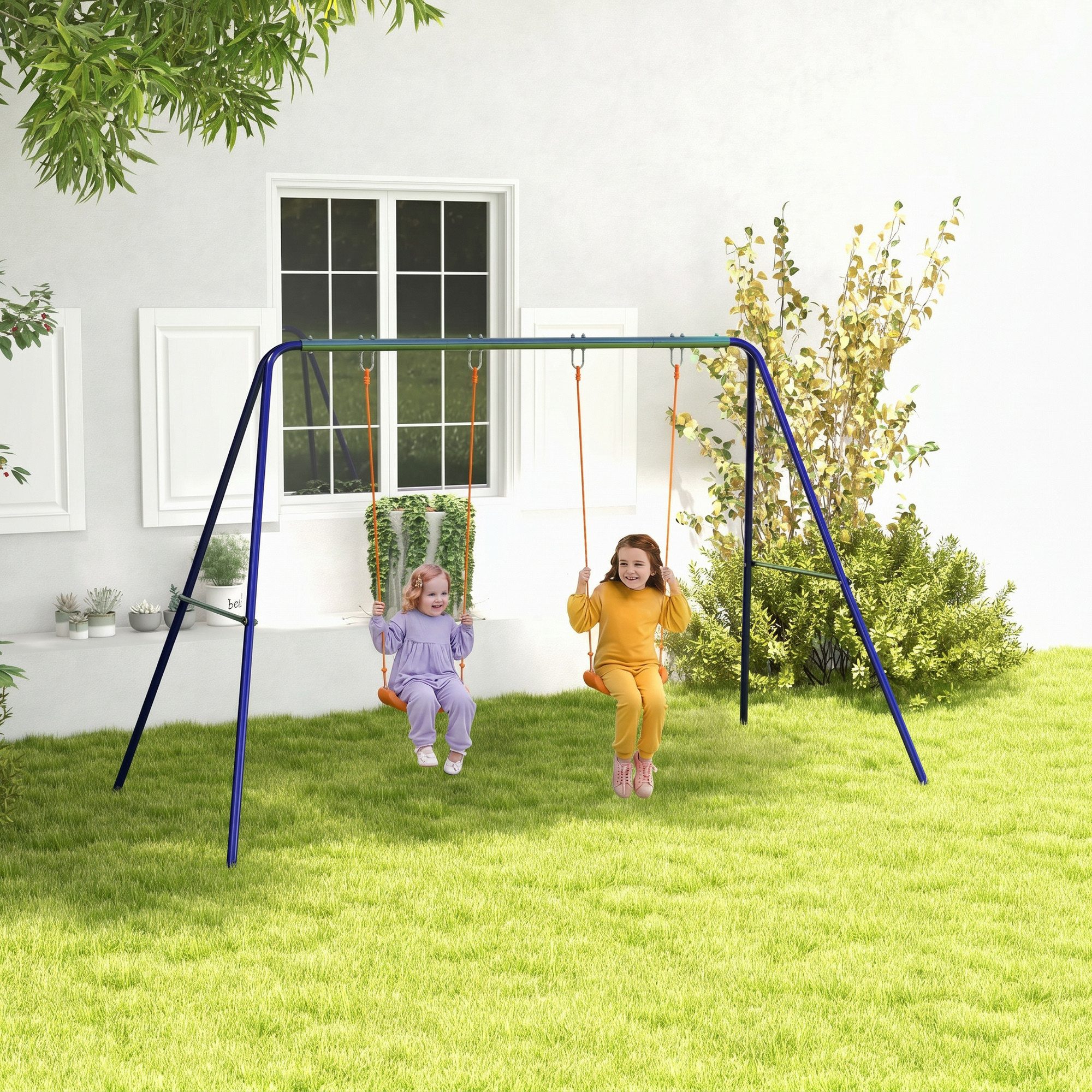 Outsunny Einzelschaukel Schaukelgestell, Kinderschaukel, Metallgestell, für 3-8 Jahre, (Schaukelgerüst, 1-tlg., Gartenschaukel), für Garten, Balkon, Blau+Orange