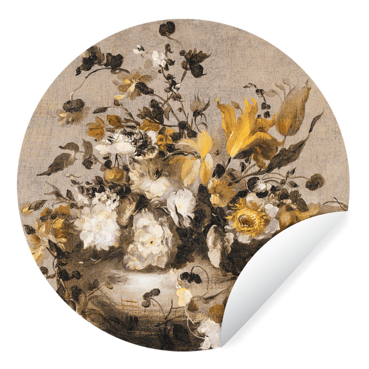 MuchoWow Wandsticker Blumen - Alte Meister - Gelb (1 St), Tapetenkreis für Kinderzimmer, Tapetenaufkleber, Rund, Wohnzimmer