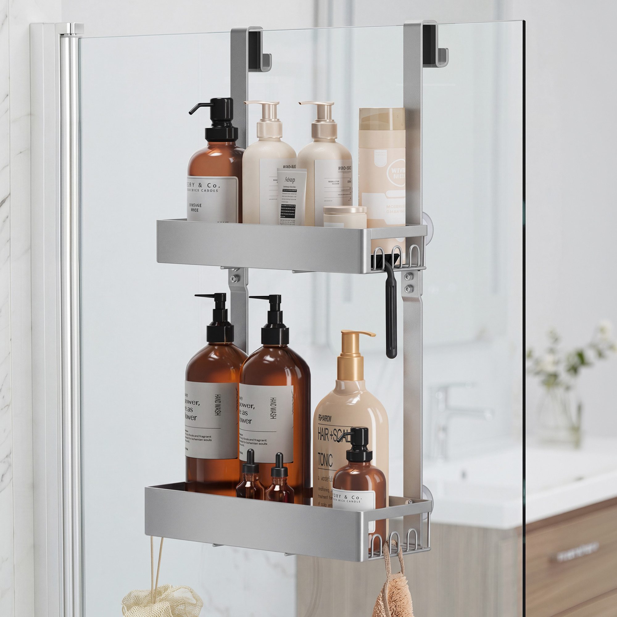 SONGMICS Duschablage Duschregal, ohne Bohren, rostfrei, aus Stahl, Shampoo Halterung, Badezimmer Organizer, 31,5 x 15,5 x 56 cm, 1er Set
