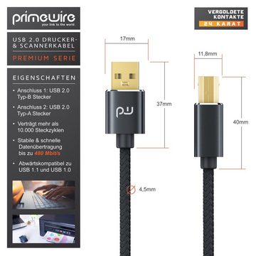 Primewire USB-Kabel, USB Typ-A, USB Typ-B, USB 2.0 Typ A Stecker, USB Typ B Stecker (100 cm), USB 2.0 Drucker / Scanner Kabel mit Nylonmantel - 1m