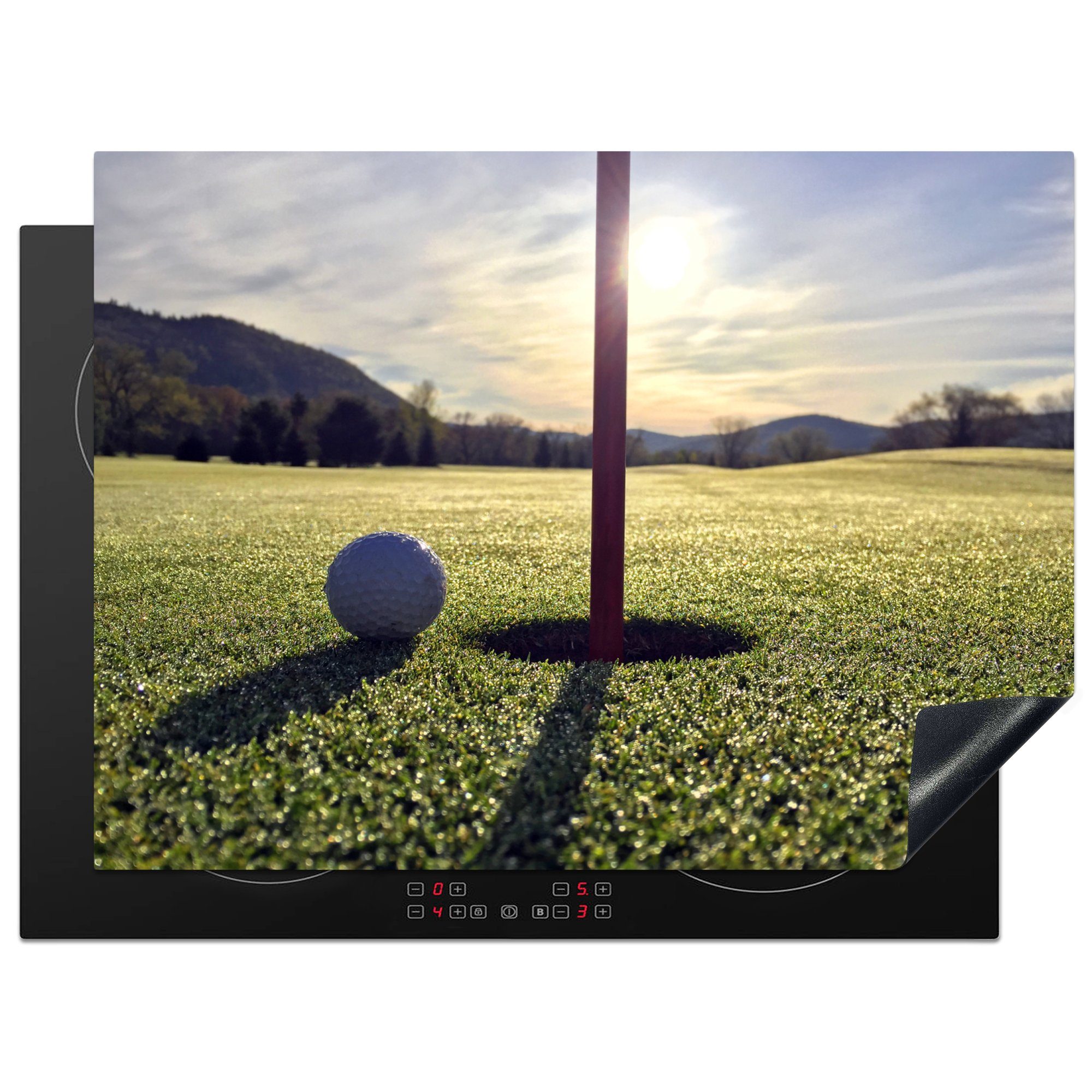 MuchoWow Herdblende-/Abdeckplatte Der Golfball ist bereit, während eines Sonnenaufgangs geputtet zu, Vinyl, (1 tlg), 70x52 cm, Mobile Arbeitsfläche nutzbar, Ceranfeldabdeckung