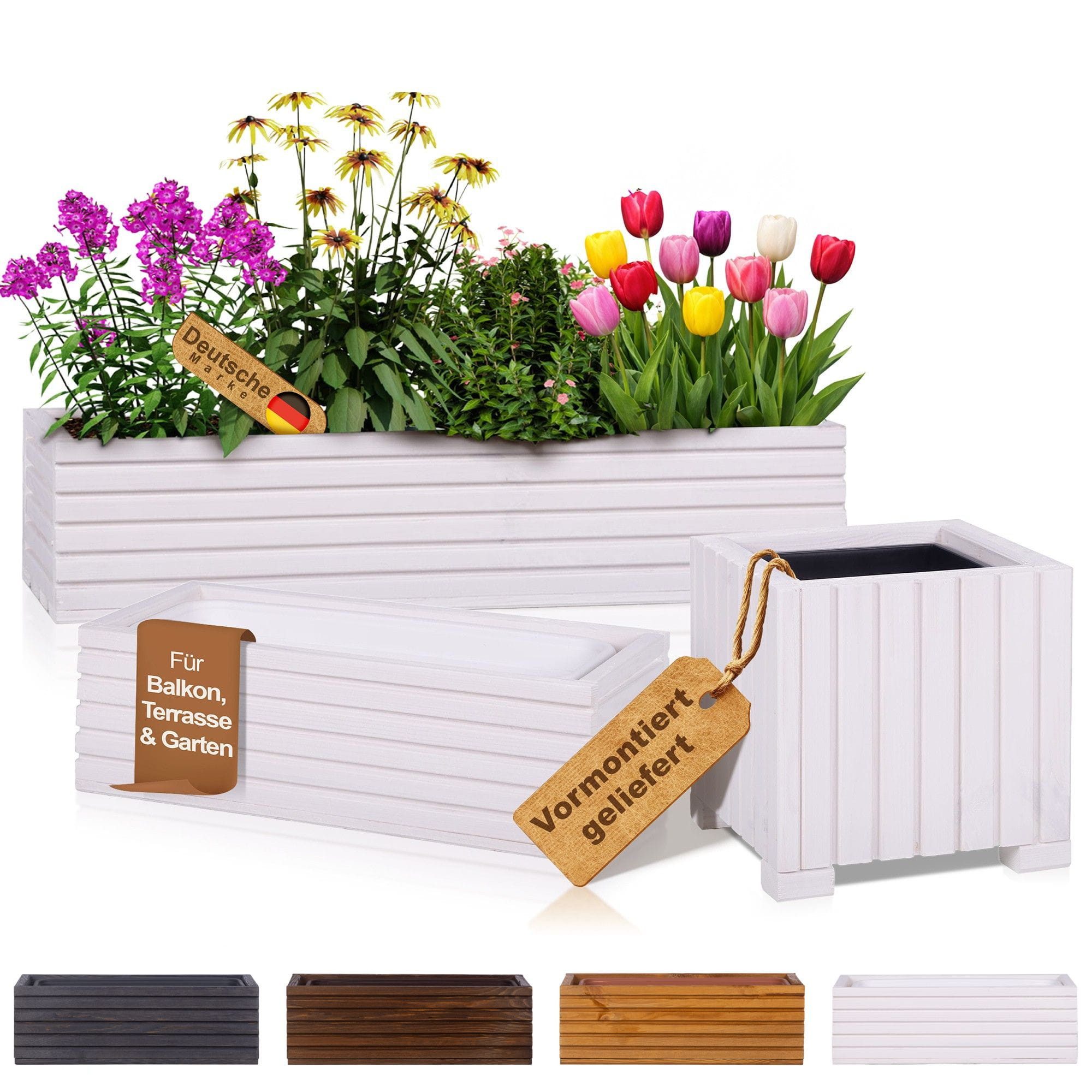 BooGardi Pflanzkübel Balkonkasten Blumenkasten mit Kunststoffeinsatz (Pflanzkasten · Weiß 44x20x14cm · 4 Farben · 3 Größen), Pflanzgefäß für Fensterbank · Balkon · Garten · Terrasse