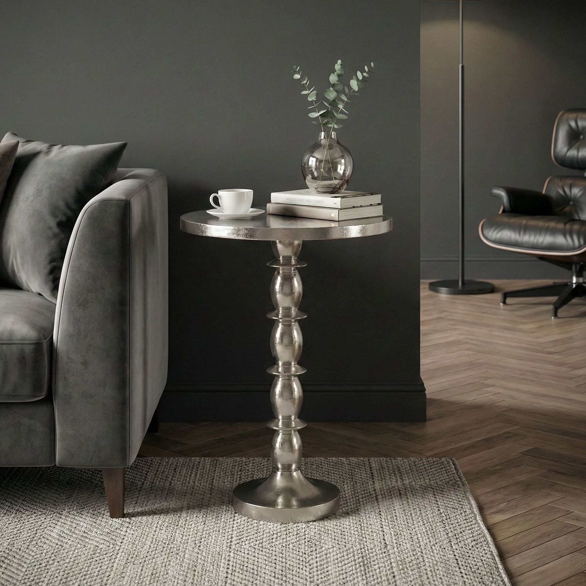 FINEBUY Beistelltisch FB116321 Anstelltisch 40cm Alu Silber Metall Wohnzimmertisch Dekotisch (Skulpturale Form mit edlem Charakter), Silberner Akzent für moderne Räume