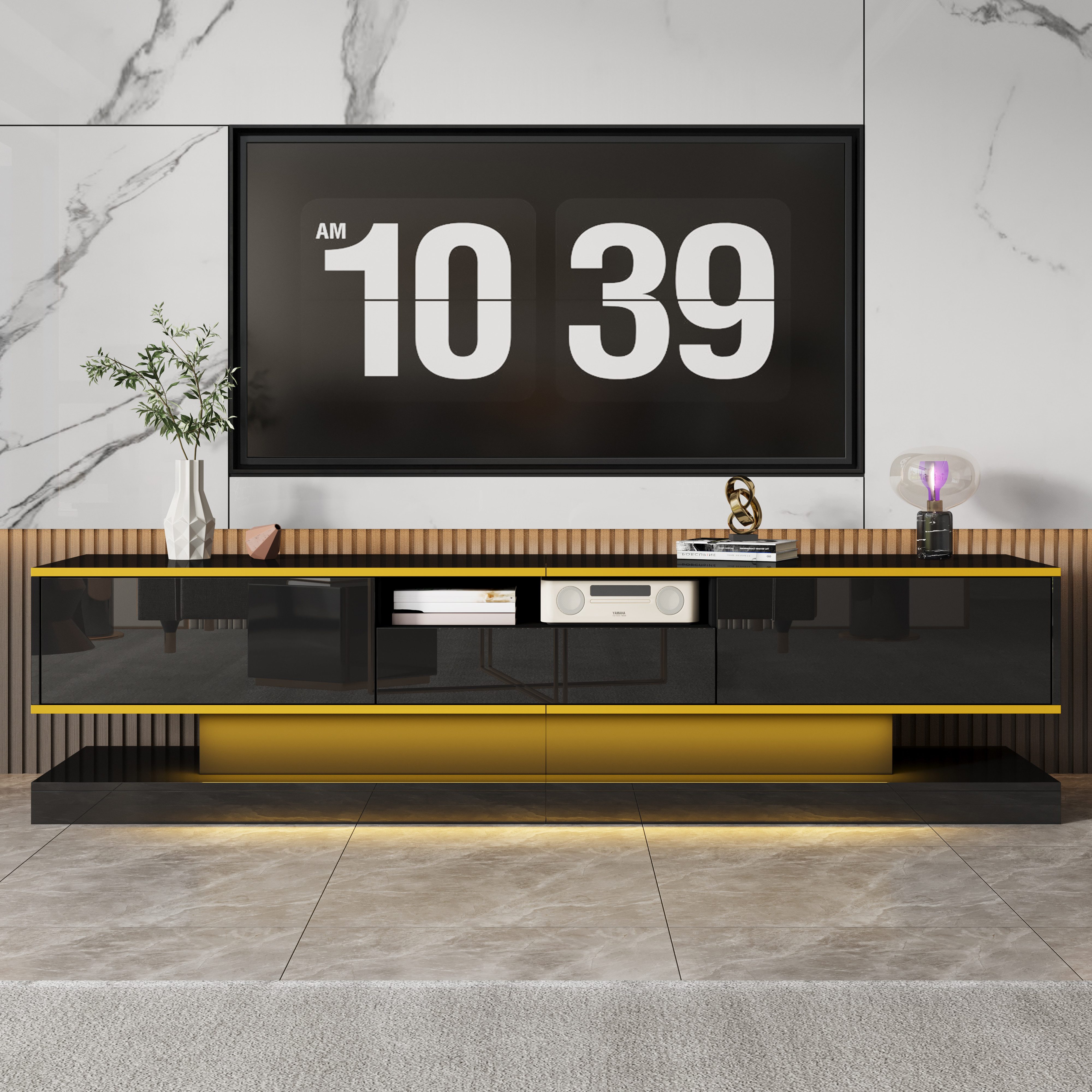 MODFU Lowboard Luxus Design mit goldenen Dekorstreifen (Wohnzimmermöbel, Fernsehschrank, Low-Panel, 1 St., 3 Schubladen, 1 offenen Fach), mit farbwechselnden LED-Leuchten