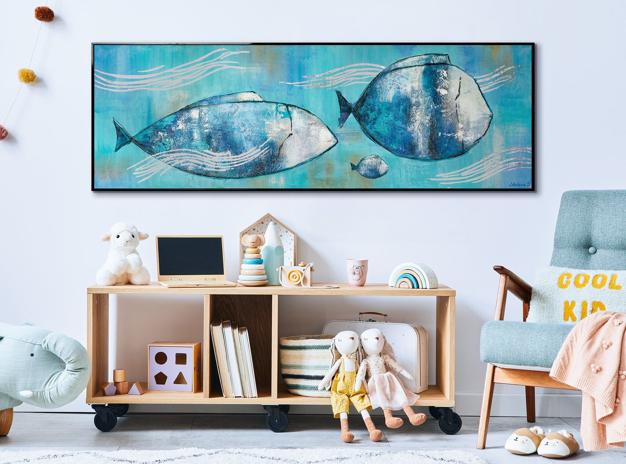 YS-Art Gemälde Reisende Fische, in Familie im Schwarz Fische Meer auf Tiere, Leinwand Rahmen Bild Mit Handgemalt