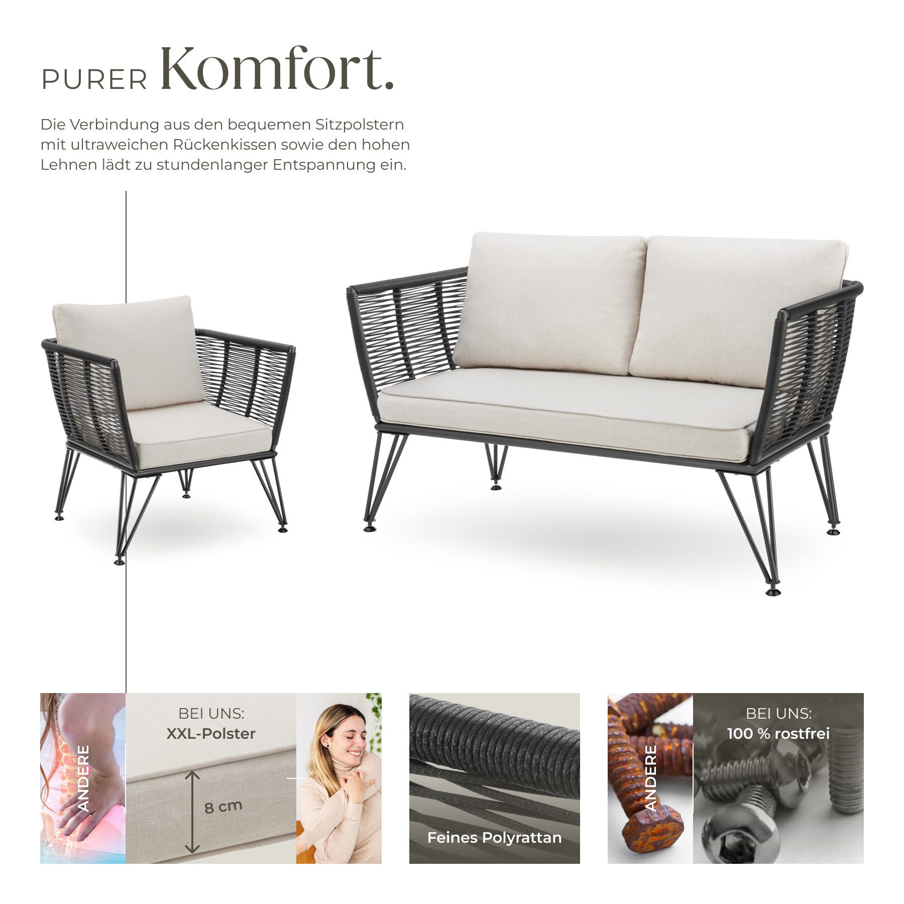 tectake Essgruppe Garten-Loungeset, höhenverstellbare Füße, abnehmbare Polyesterbezüge, (Sitzgruppe Sundo, 3-tlg., Rope-Design in anthrazit), 8 cm dicke Sitzpolster, Sofa 250 kg, je Sessel 120 kg Belastbarkeit