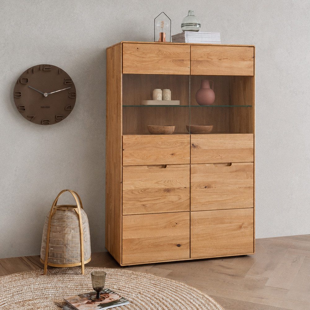 Lomadox Highboard WISLA-69, Massiv Wildeiche geölt, 100 cm, Griffeinfräsung, Softclose, montiert