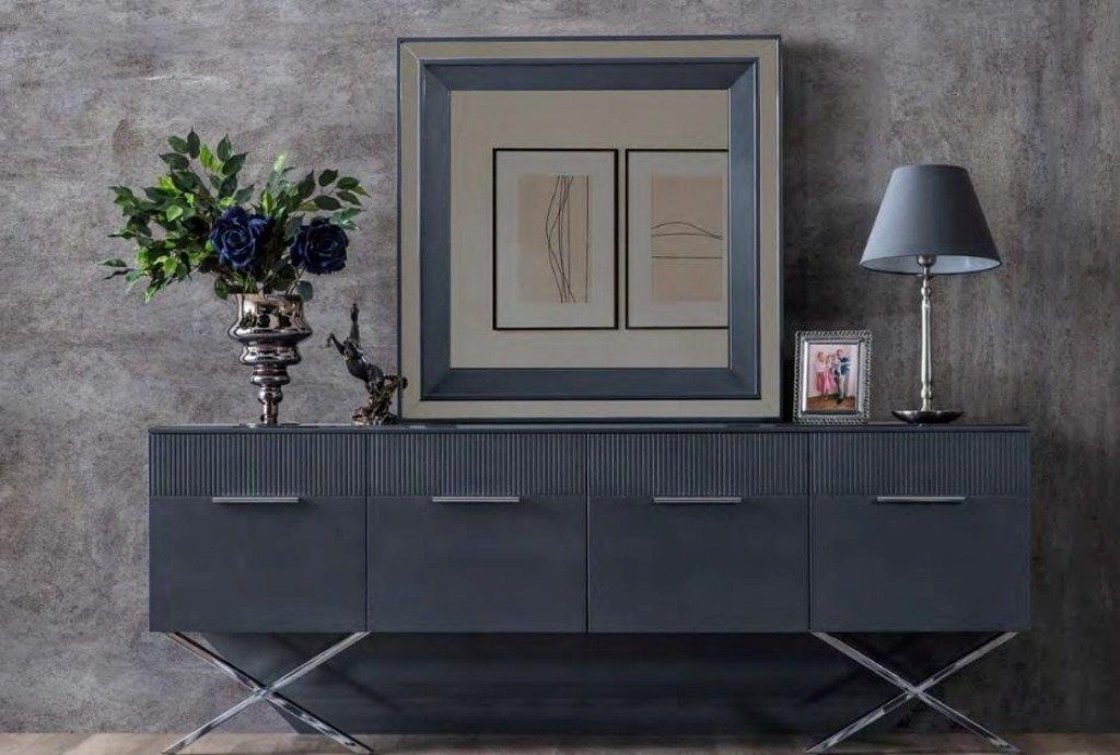 Sideboard Stilvolle Graue Holz Anrichte Edelstahl Füße Moderne Esszimmer Möbel