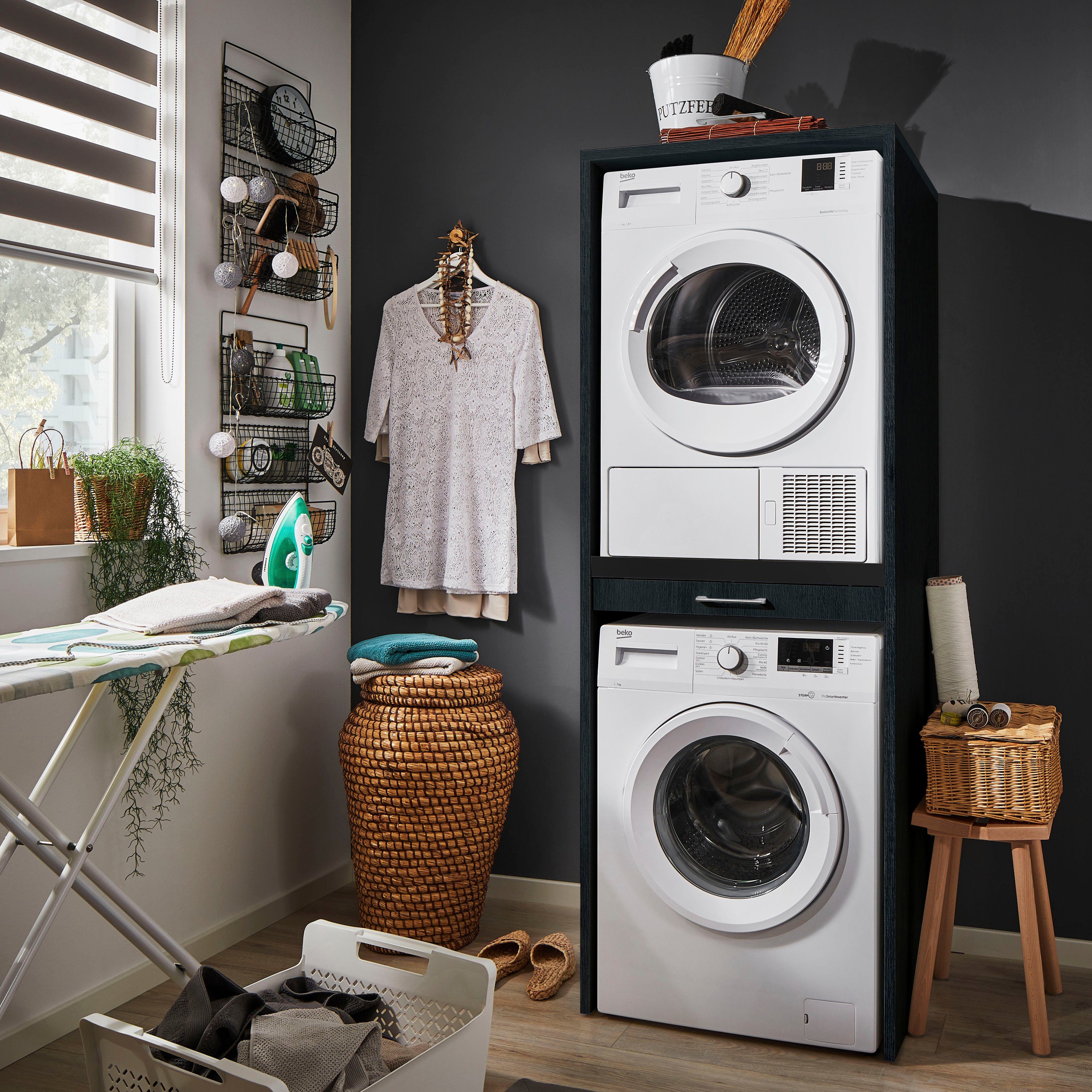 | Washtower Waschmaschinenumbauschrank Struktur WASHTOWER schwarz mit Eiche schwarz
