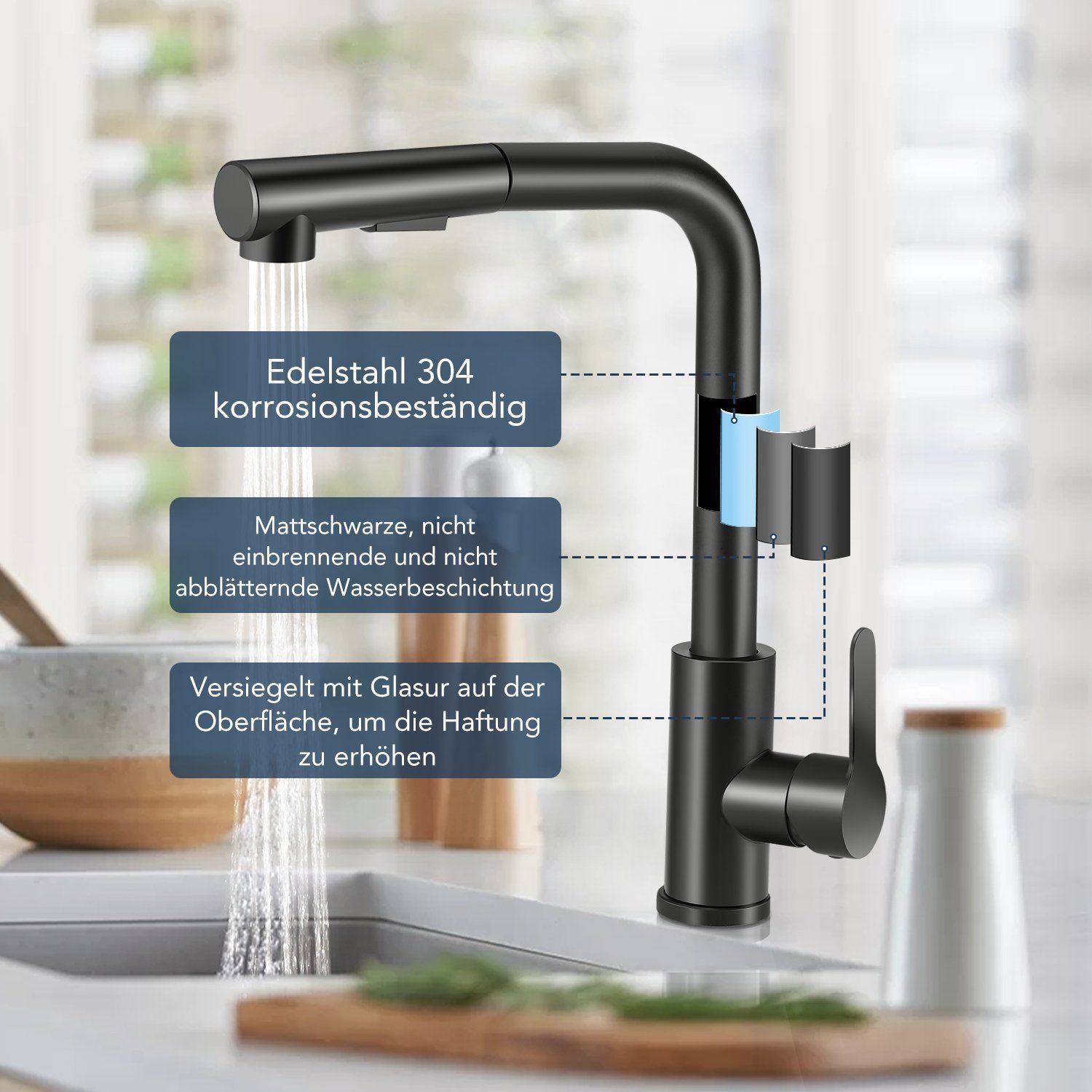 Ibergrif Küchenarmatur Mit 2 Strahlarten & 360° Drehgelenk – Doppelhebel, Spritzfreier Belüfter