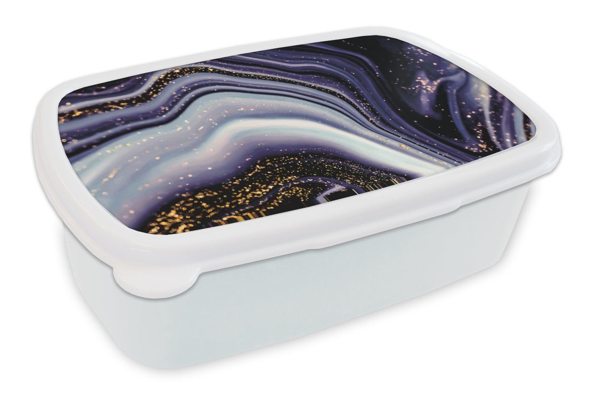MuchoWow Lunchbox Marmor - Lila - Luxus - Marmoroptik - Glitzer, Kunststoff, (2-tlg), Brotbox für Kinder und Erwachsene, Brotdose, für Jungs und Mädchen weiß