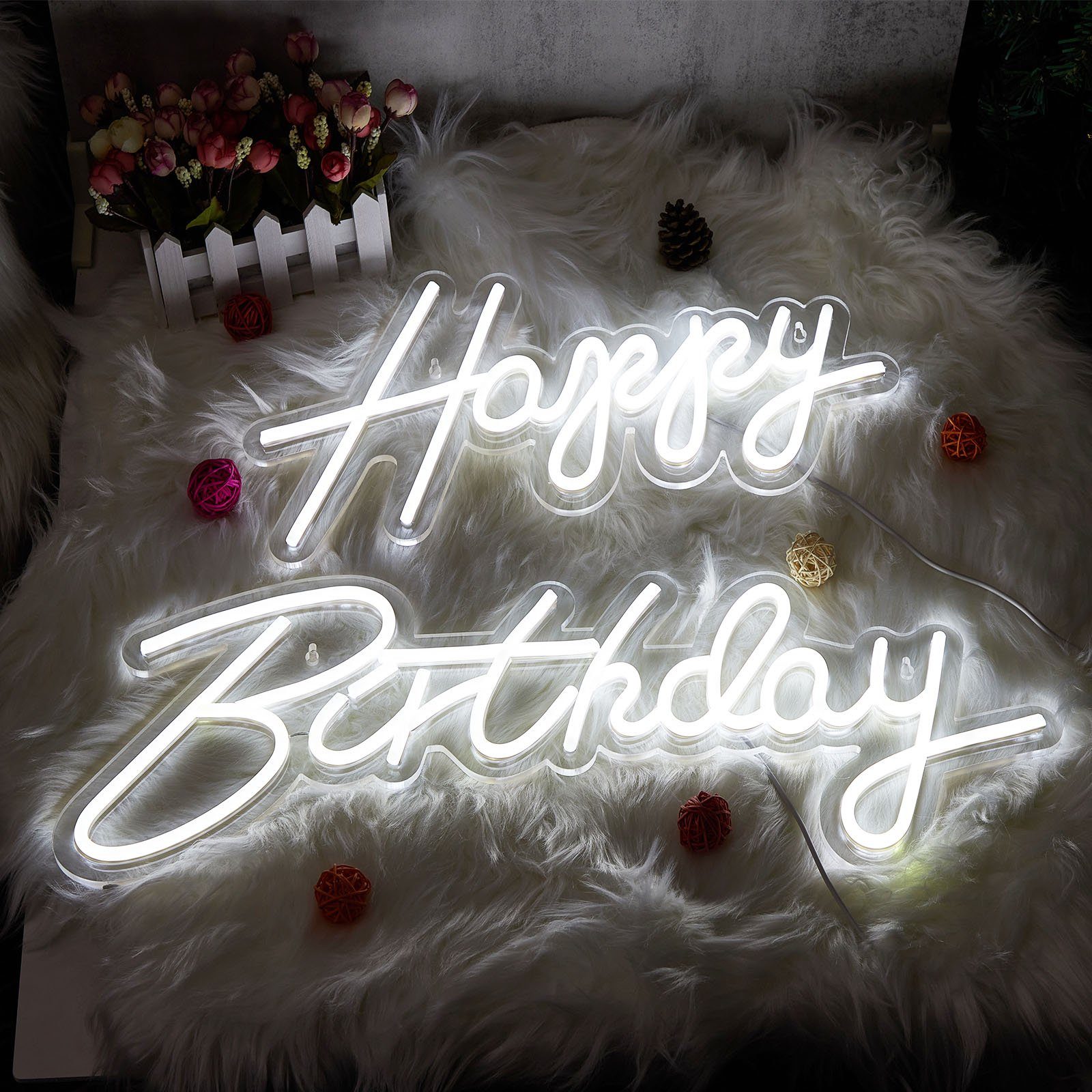 Rosnek LED Dekolicht LED-Neonlicht, Weiß, und Geburtstag Birthday, für groß, Warmweiß, Dekoration, USB Party Schalter, Wandkunst Happy Rückwand mit
