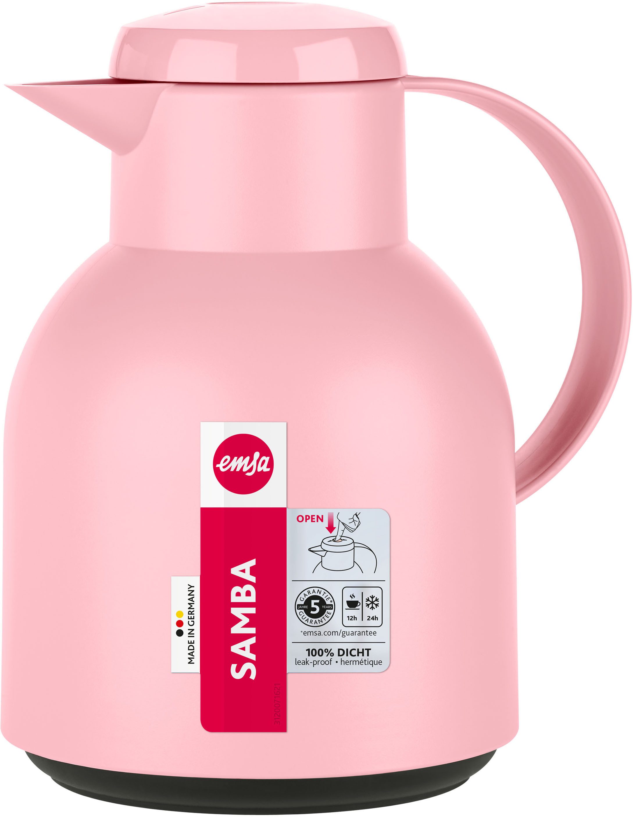 Emsa Isolierkanne Samba, 1 l, zeitloses Design, einfacher Knopfdruck, 24h kalt, 12h warm