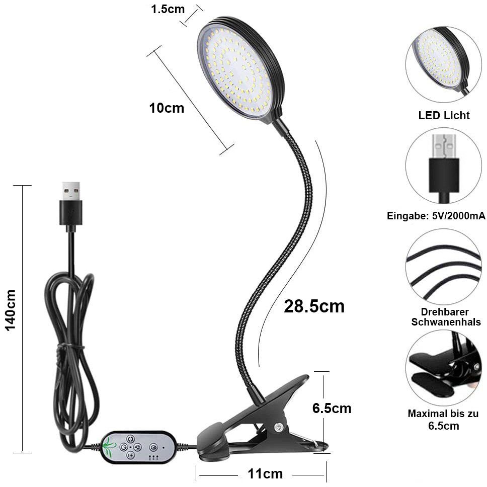 MUPOO Pflanzenlampe Lampenkopf, Dimmbar, Pflanzenlicht LED, Lampenköpfe, Wasserdicht, Pflanzenlampe Timer 1 Dimmbar Vollspektrum, Vollspektrum Timer, mit Clip 1 USB, IP65 1/2/3/4 Mit