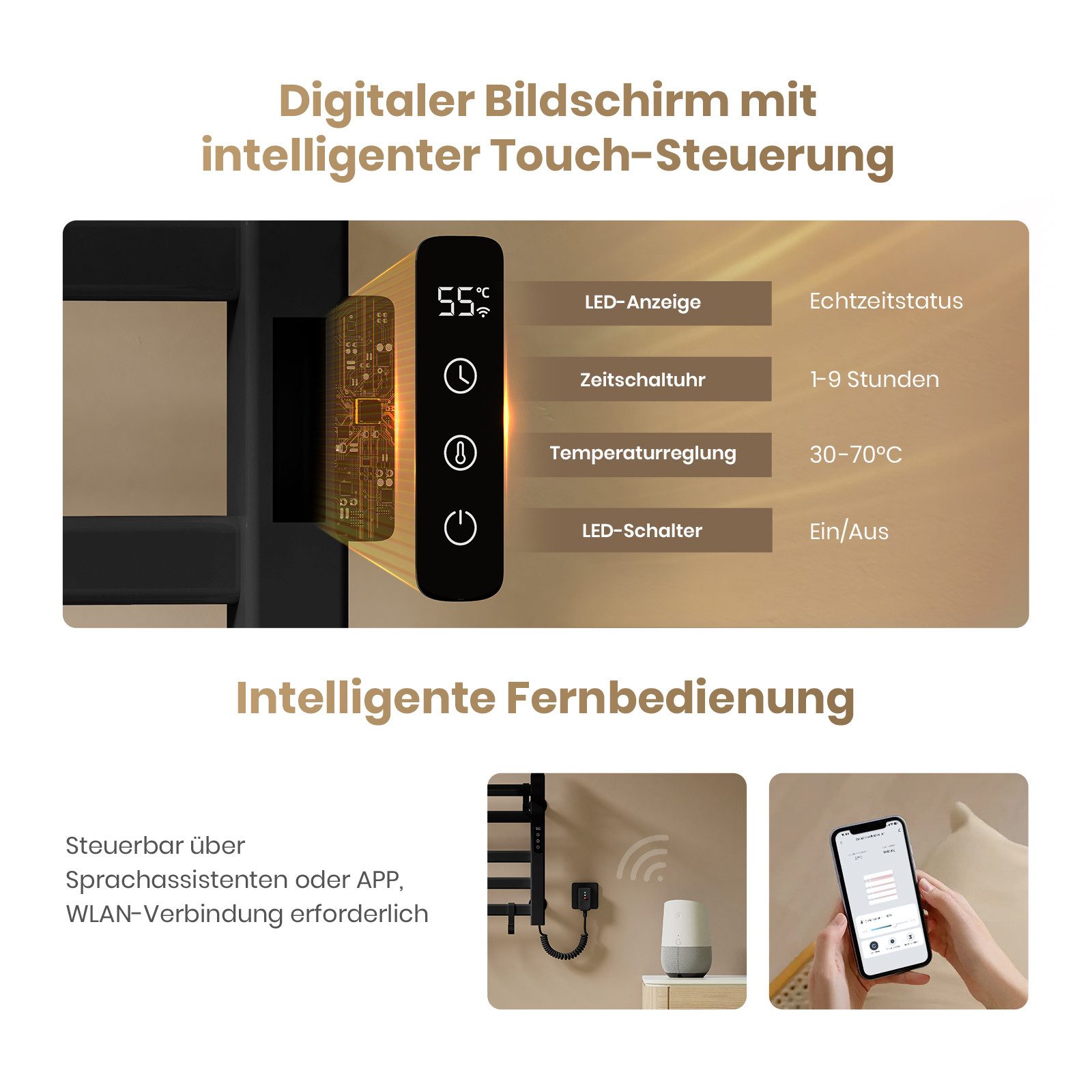 EMKE Elektrischer Badheizkörper Handtuchwärmer handtuchheizkörper mit Intelligent Thermostat, mit faltbarer Ablage Haken Gerade Handtuchhalter elektisch
