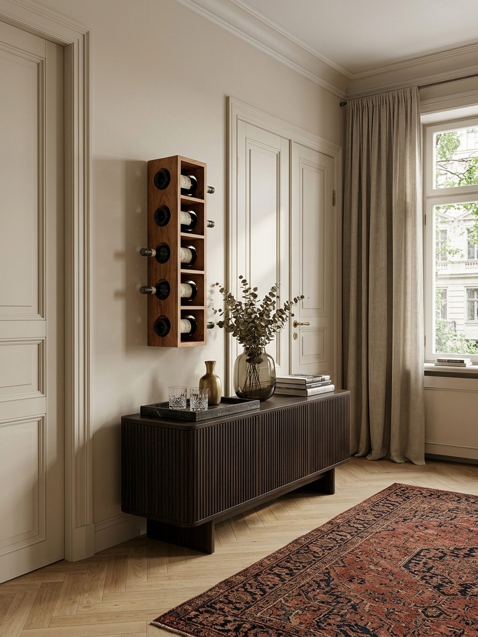 KADIMA DESIGN Weinregal Weinregal MUMBAI Massiv-Holz Akazie Flaschen-Regal Wandmontage für 5, Flaschen Holzregal modern mit Ablage 70 cm