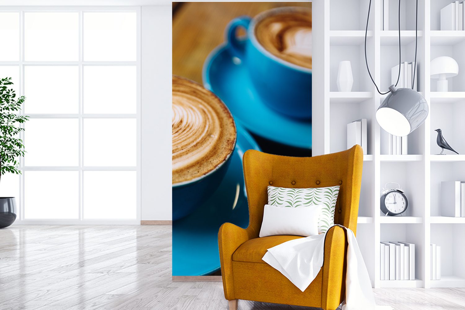 Zwei auf Matt, für MuchoWow einem Vliestapete Küche, Wohnzimmer Kaffeetassen (2 St), blaue Schlafzimmer Fototapete Holztisch, bedruckt, Fototapete