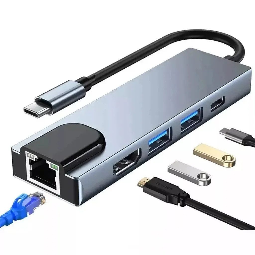 Laptop-Dockingstation 5 in 1 USB 3.0 Typ C Hub Adapter mit 4K HDMI Lan RJ45 PD Anschlüsse