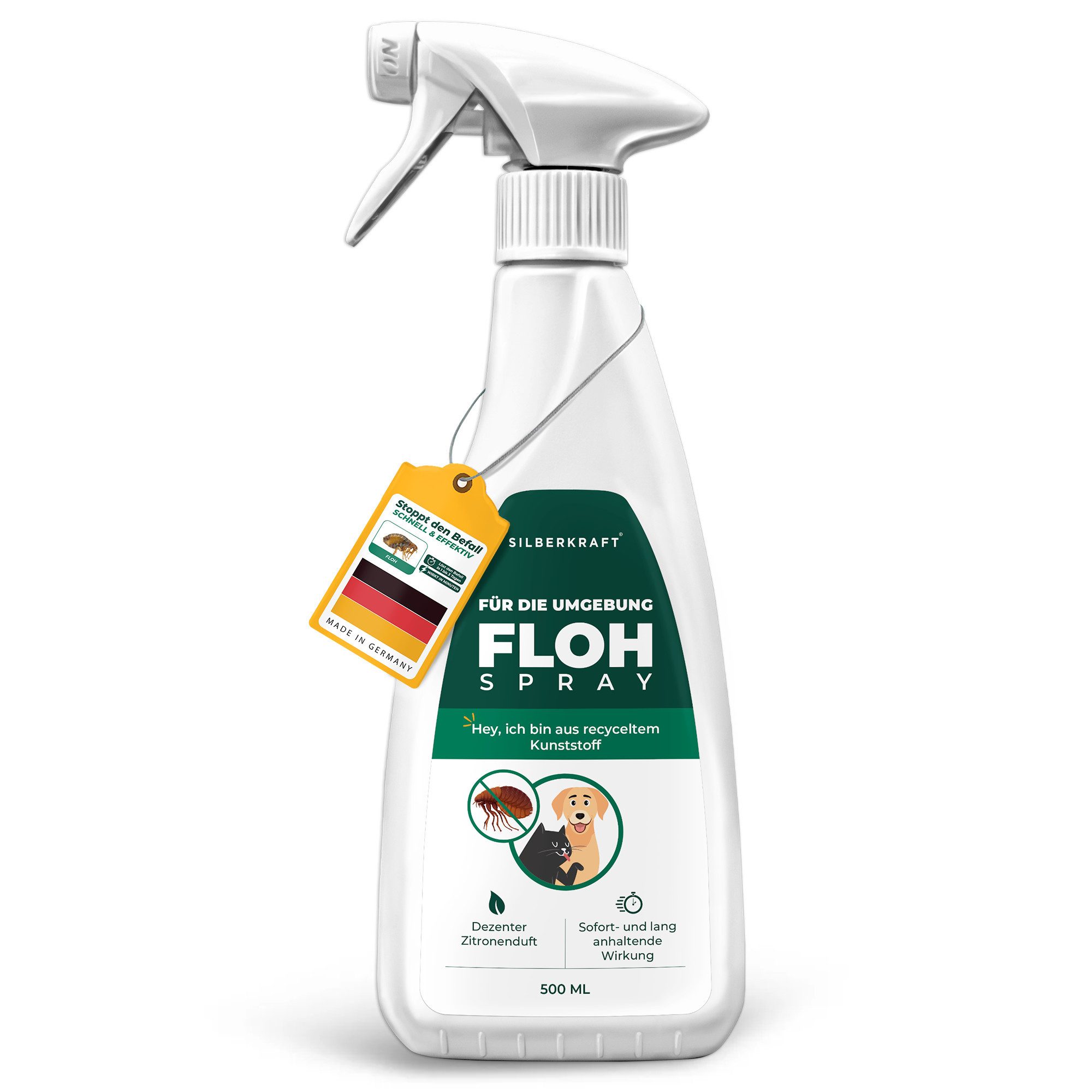 Silberkraft Insektenspray Silberkraft Flohspray für Umgebung, gegen Flöhe, Zecken & Milben, 500 ml, Langzeitschutz, Effektive Flohabwehr, Ausbreitung schnell minimieren, 1-St., Flohspray für Wohnung und Möbel, ideal für Textilien, Made in Germany, Effektiv und langfristig, mit Geraniol, wirkt als Repellent