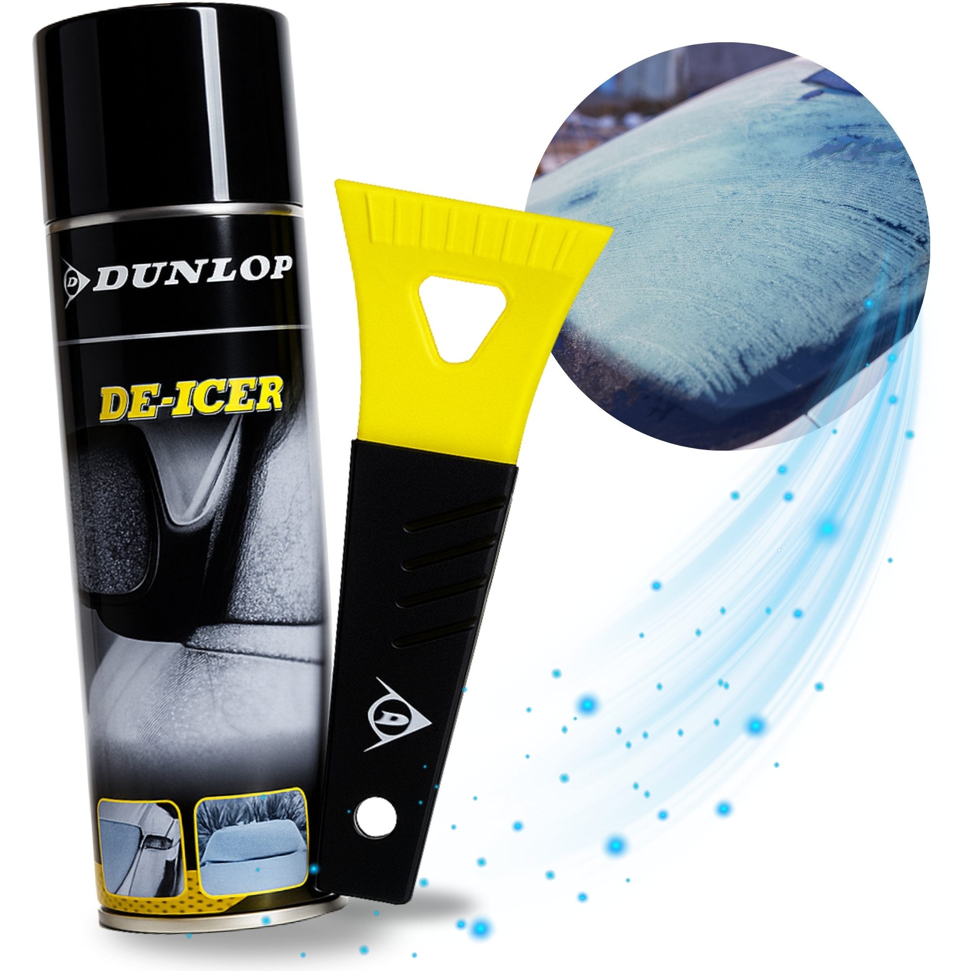 Dunlop Eiskratzer DUNLOP ENTEISER SPRAY + KRATZER EISKRATZER AUTO PKW LKW Winter Set Zubehör Autopflege Pflege Eis Schnee