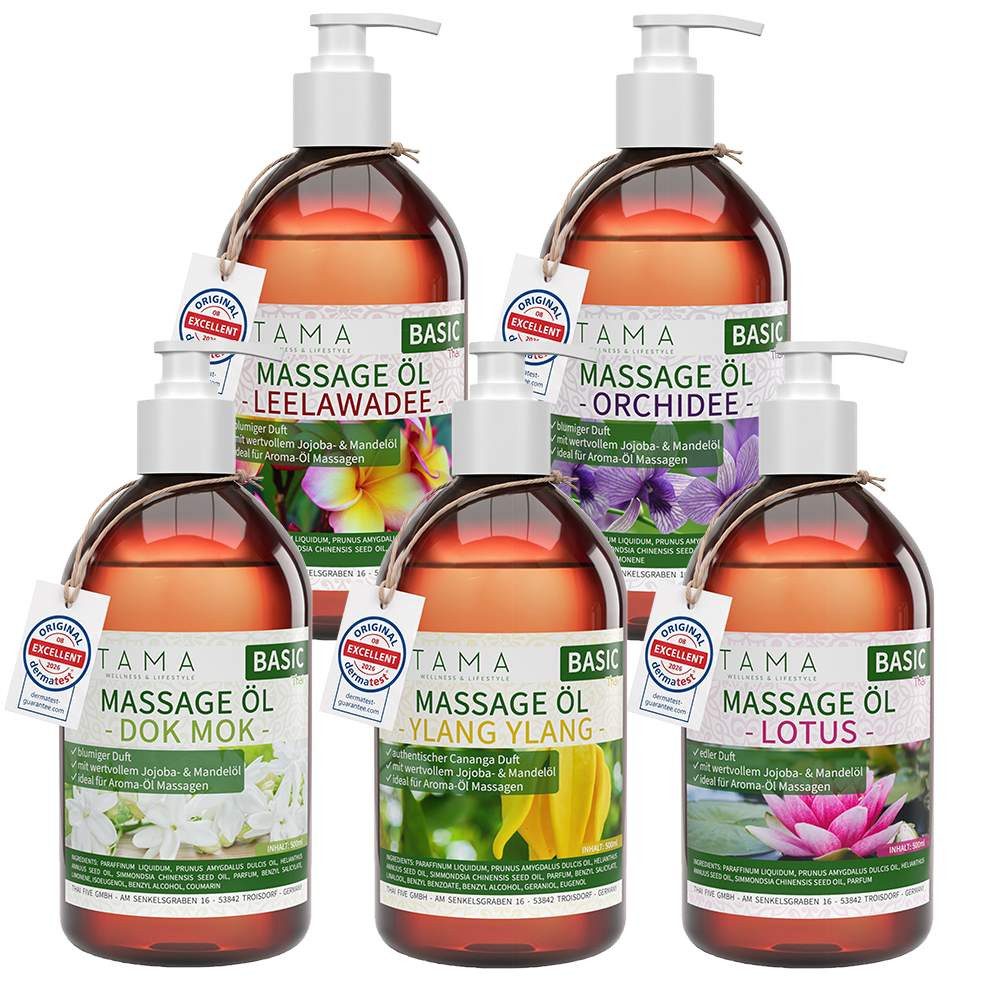 Kitama Massageöl Thai Duft-Set mit 5 exotischen Aromen (Lotus, Orchidee u.a) 5 x 500ml, Dermatest: Sehr Gut