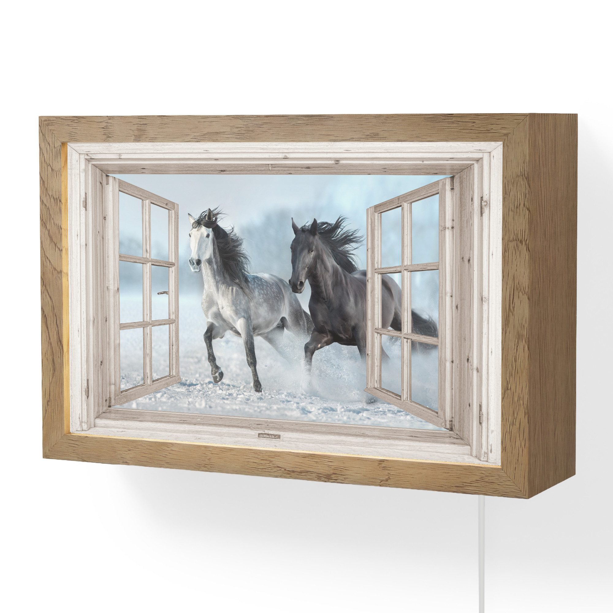 OnlyWow Wandleuchte Lightbox Fensterblick - Fenster - Pferde - Winter - Tiere - Natur - We, Dimmbar, Farbwechsel, LED, Warmweiß, Kaltweiß, Neutralweiß Einstellbar, Wandlampe Innen, Dimmbar, mit Kabel, LED, Modern, Schlafzimmer