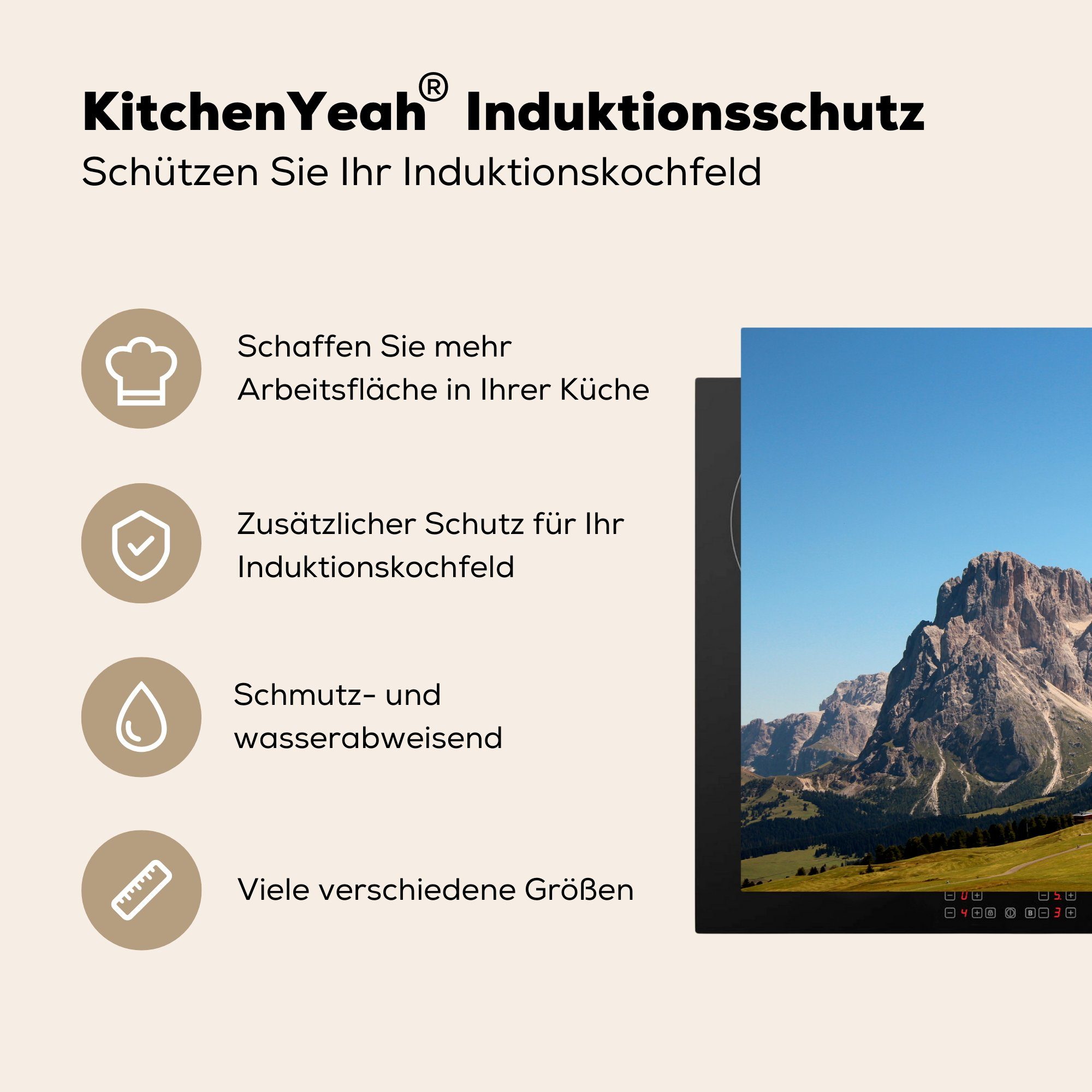 küche, Seiser aus, tlg), Vinyl, Ceranfeldabdeckung den Herdblende-/Abdeckplatte der Induktionskochfeld MuchoWow von (1 Ein auf cm, Blick für Langkofel Alm 81x52 Schutz die