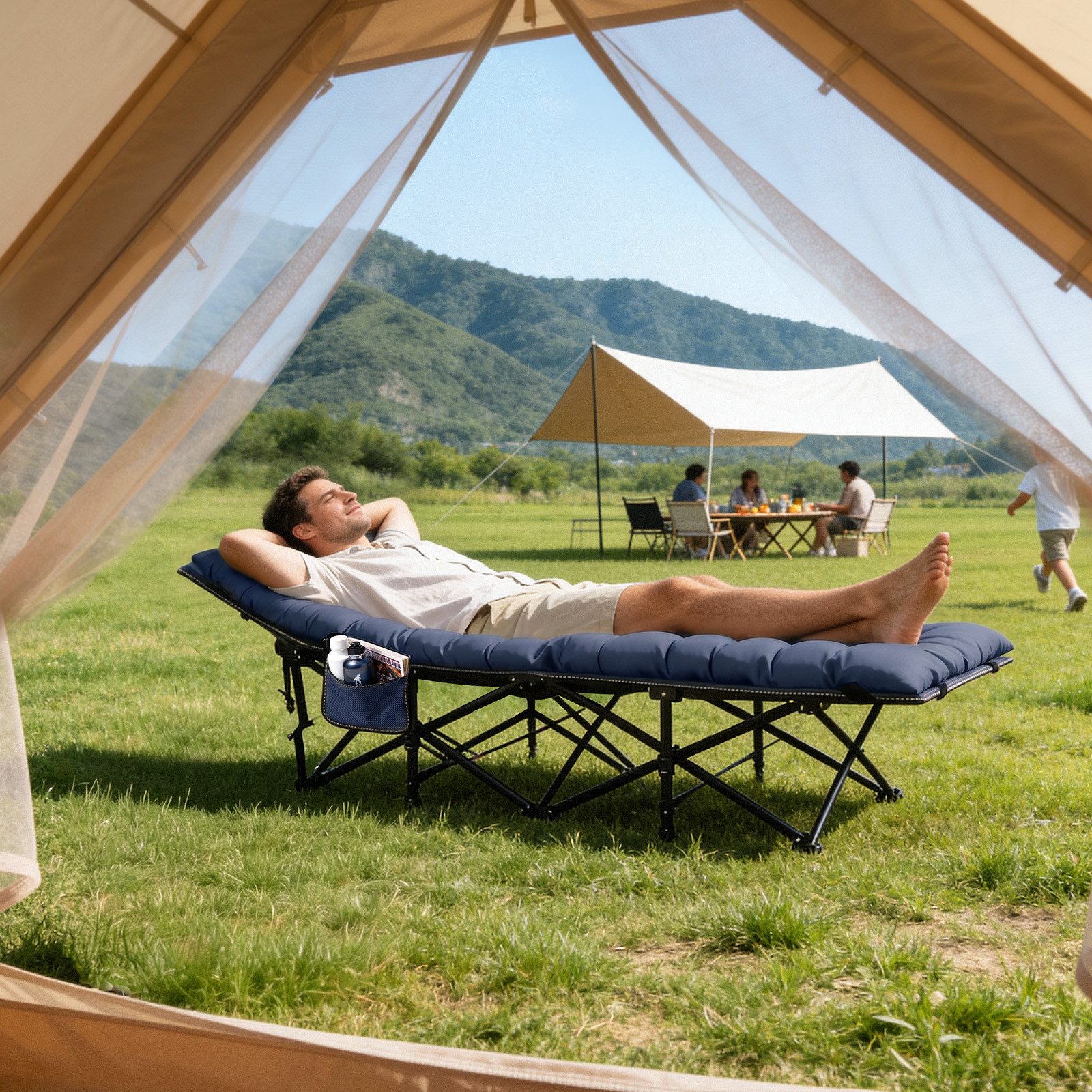 Sekey Feldbett Campingbett klappbar Campingliege Angelliege Klappbett bis 200 kg 190 x 71 x 35 cm Klappbett mit Matratze, für Garten Camping Outdoor