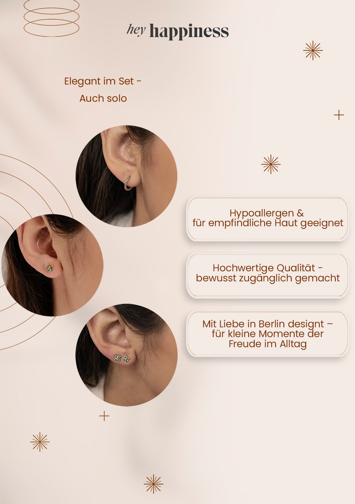Hey Happiness Ohrring-Set Smaragd Glanz, Stack Damenset Silber 925, Kleine Silber Ohrringe Grüne Edelsteine, 6er Set