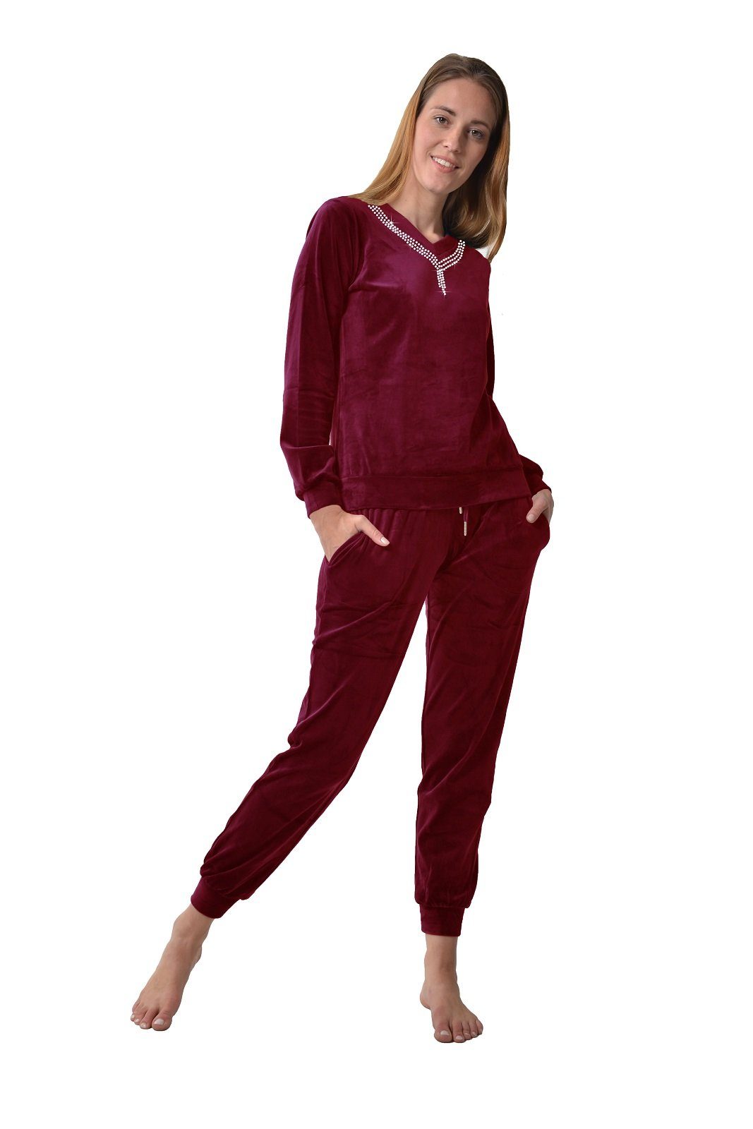 RAIKOU Hausanzug elegant Homewear Freizeitanzug Fitnessanzug (2-Teiliger Jogginganzug Trainingsanzug smartweiche Nicki, 2 tlg) am Ausschnitt mit hellem Stassstein