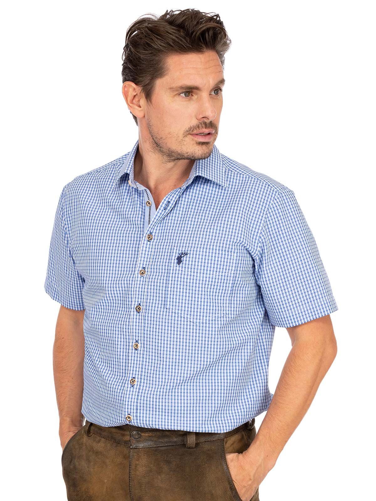OS-Trachten Trachtenhemd Karo (Slim blau IMMENSTADT Fit) Kurzarmhemd
