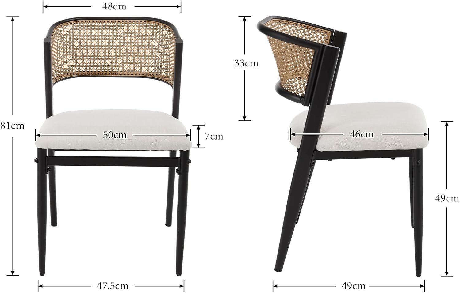 WAHSON OFFICE CHAIRS Esszimmerstuhl 2er Set Rattan-Esszimmerstühle, gepolstert, Leinen, Metallbeine – Bild 3 von 5