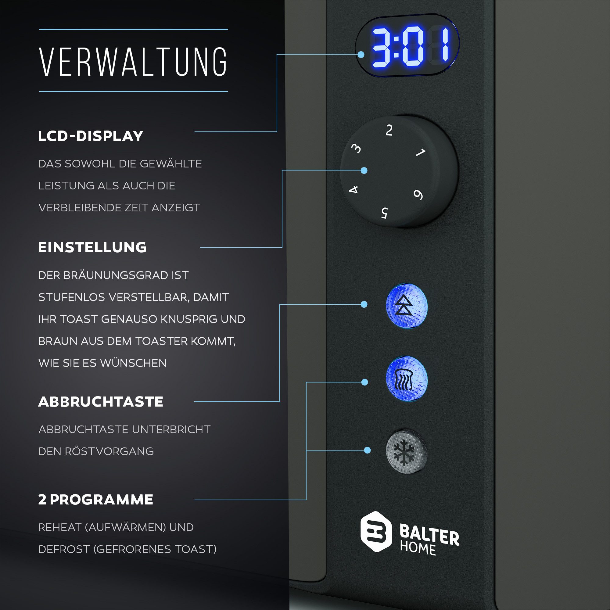 Balter Toaster Toaster TS-04-LCD Edehlstahl Grau, Langschlitz, für bis 4 Scheiben, 1500 W, LCD-Anzeige