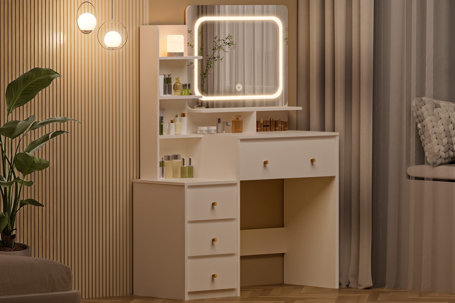 Lexzurn Schminktisch Schminktisch mit LED-Beleuchtung, Kosmetiktisch mit Spiegel, 4 Schubladen+6 offene Fächer, Helligkeit verstellbar, 92.6x132x36 cm