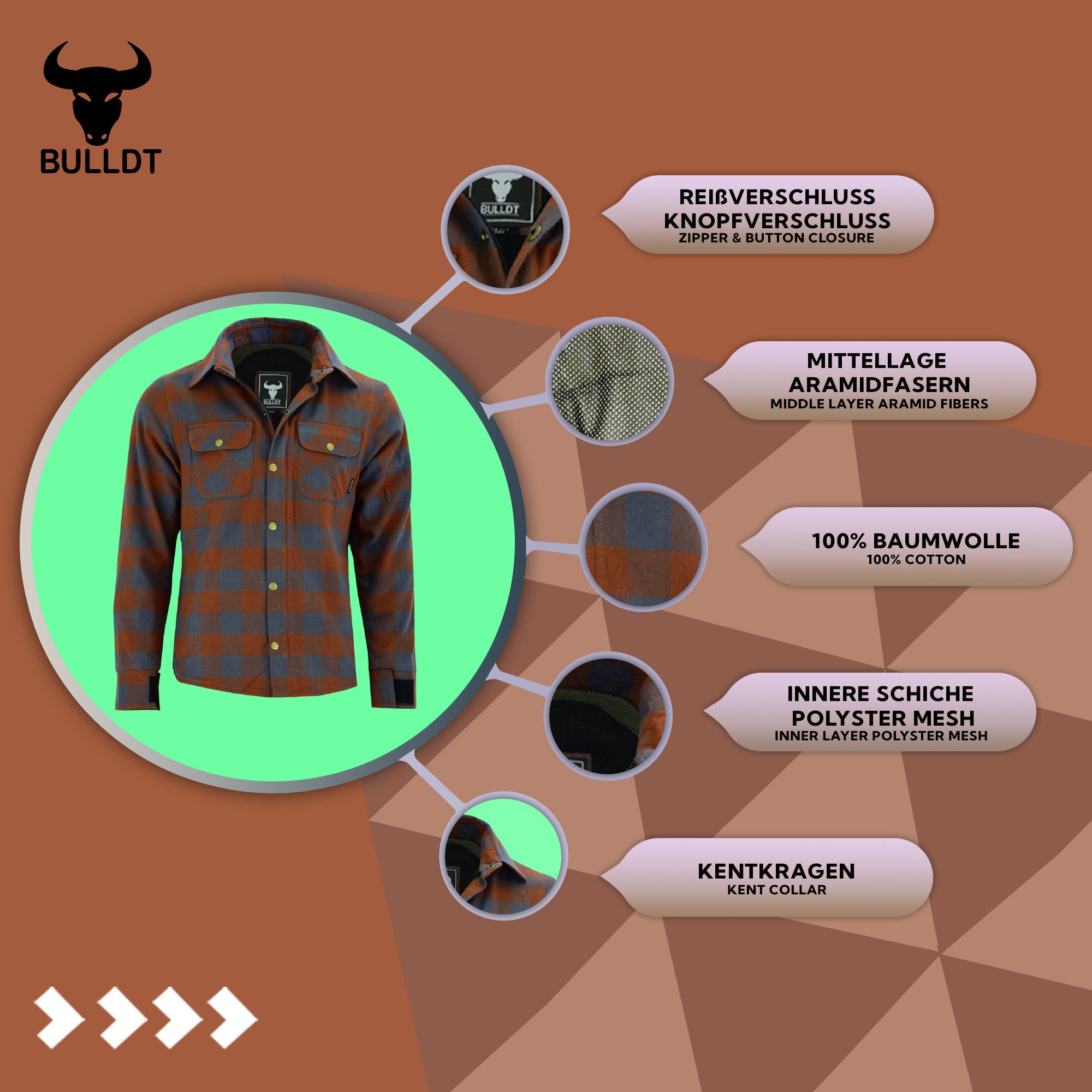 BULLDT Motorradjacke BLD1201 (mit 4 CE-Protektoren) BULLDT Herren Motorradhemd Holzfäller-Look Hemd