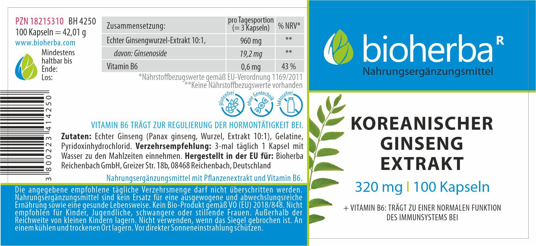 BIOHERBA R Koreanischer Ginseng Extrakt 320 mg 100 Kapseln Nahrungsergänzungsmittel