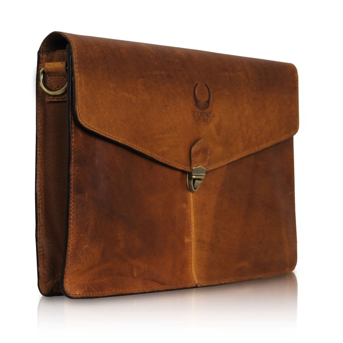 Corno d´Oro Schultertasche Handmade Business Umhängetasche Damen Herren in Vintage Leder 14Zoll, als DIN A4 Aktenmappe oder MacBook Tasche verwendbar