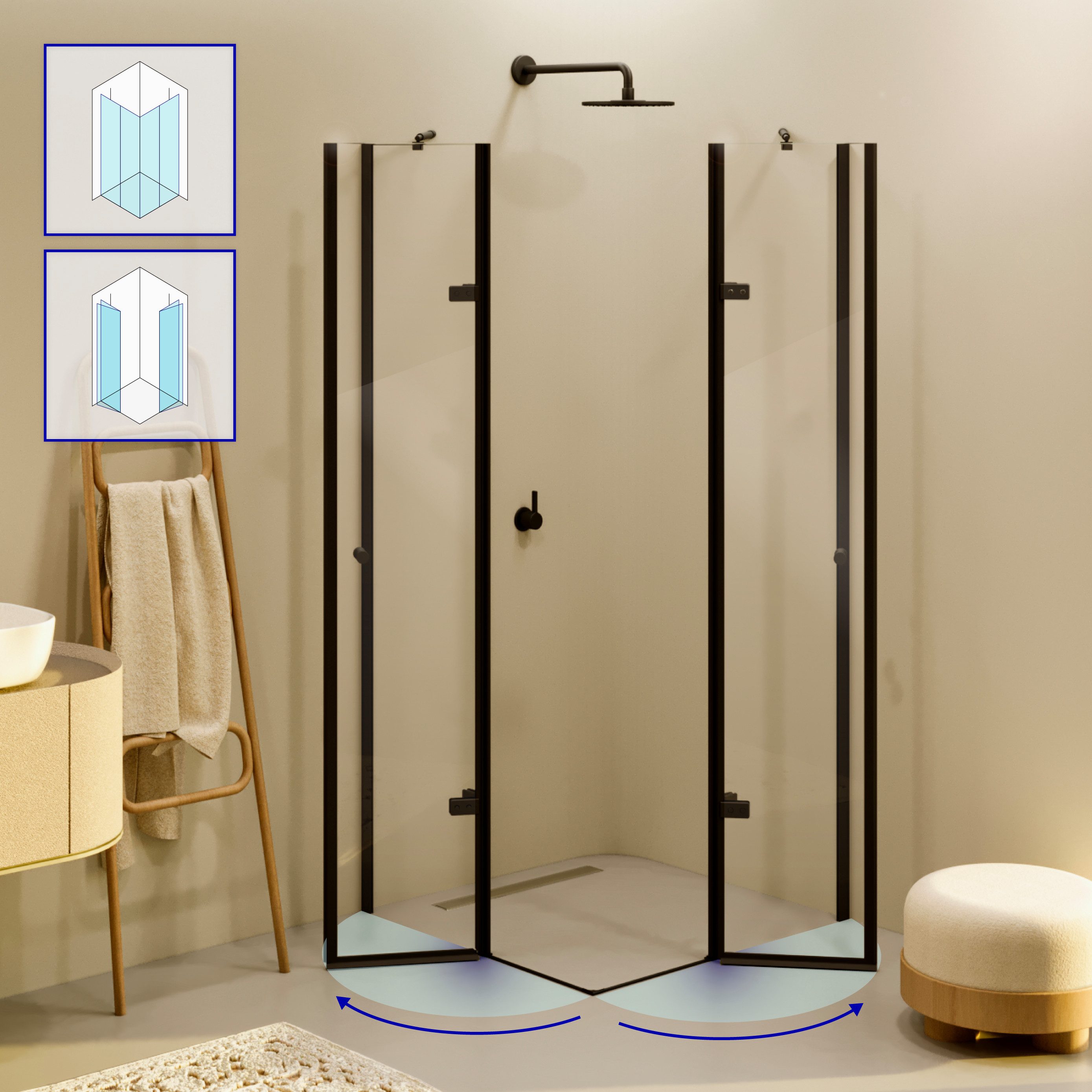 i-flair Eckdusche Duschkabine Alice aus durchsichtigem ESG, Höhe 180 cm, 100x100 cm, BxT: 100x100 cm, Einscheibensicherheitsglas, ohne Duschtasse, mit hochwertigen Aluminiumprofilen in schwarz, ebenerdiger Einbau möglich, mit Drehtüren