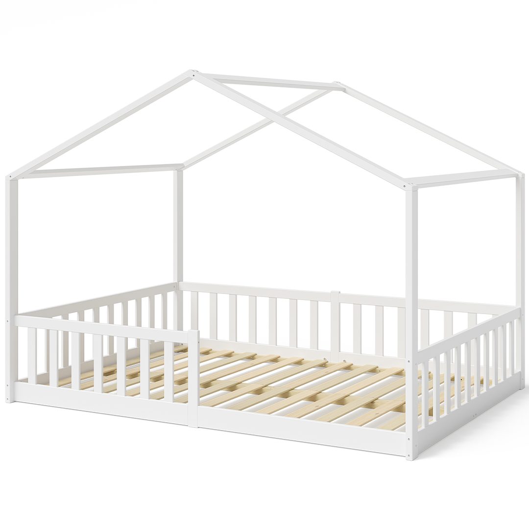 Bellabino Hausbett Kinderbett Bia mit Lattenrost (weiß, optional mit Matratze), Bodenbett mit Rausfallschutz, verfügbar in 80x160 & 90/120/140x200 cm